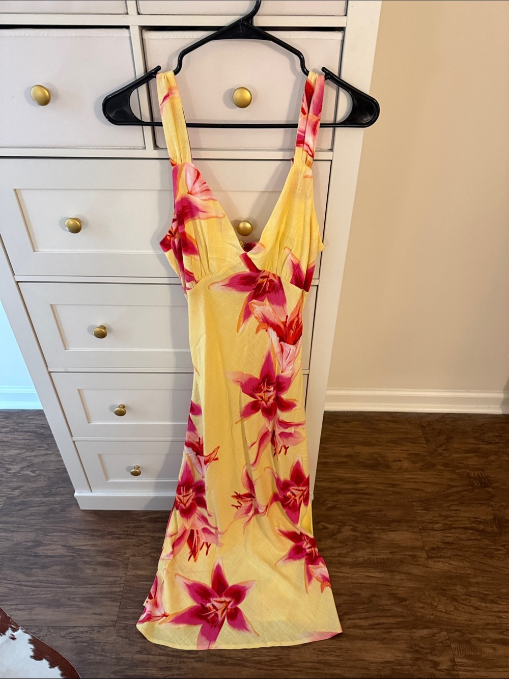 Yellow Floral Slip Dress with Pink Bloom Print